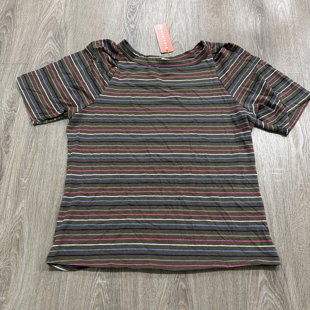78 & Sunny Seabreeze Boat Neck Puff Sleeve Tee in Truffle Multi Stripe L NWT - Picture 1 of 9